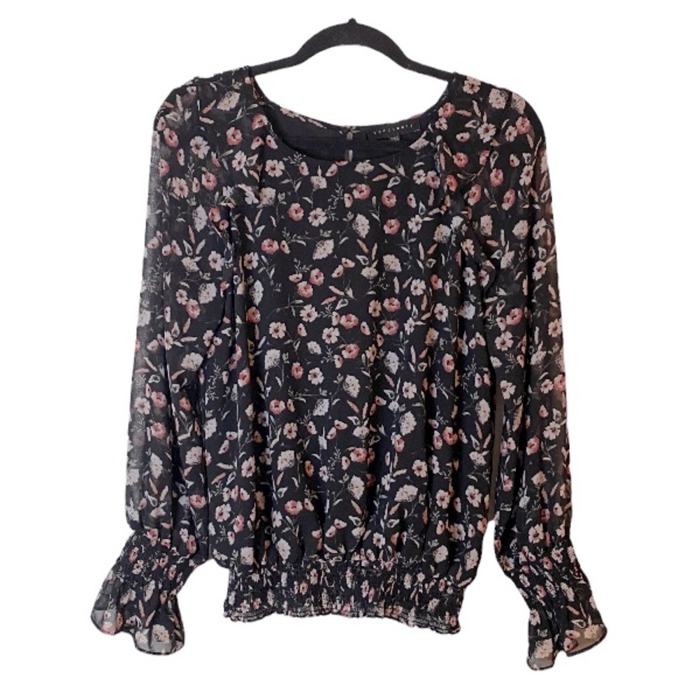 Sanctuary Black Floral Elastic Hemline Long Sleeve Top Size Small